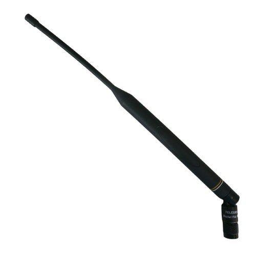 Telex Black antenna with bent knuckle and yellow ring on a white background